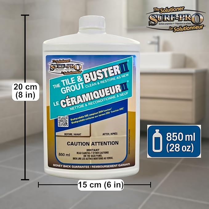 Tile and Grout Buster Cleaner, 850 ml (28 oz) – Heavy-Duty Tile & Grout Stain Remover for Bathroom, Kitchen, Shower & Floors – For Ceramic, Porcelain, Stone & More – Made in Canada