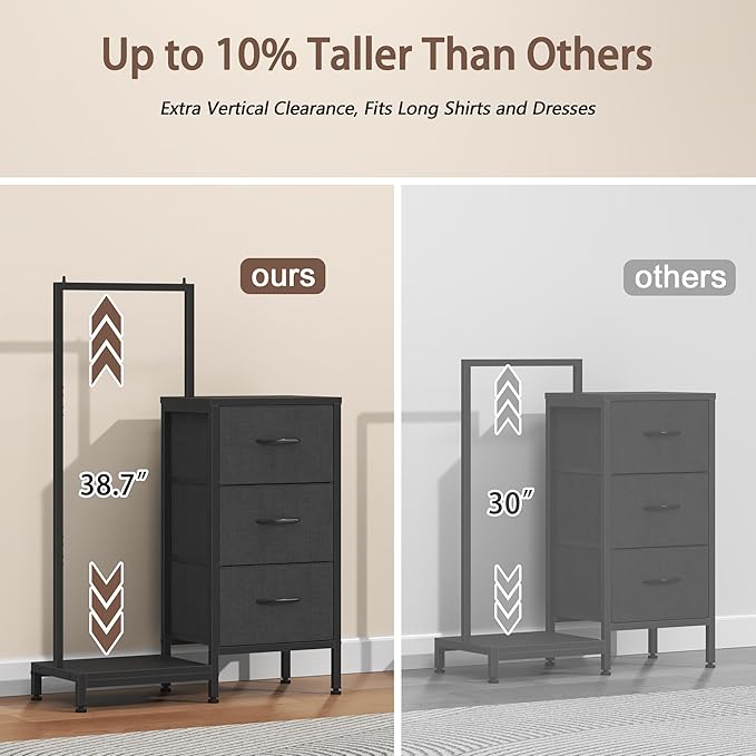 Dresser for Bedroom with Hanging Rack, 3 Drawers Dresser for Bedroom - Black