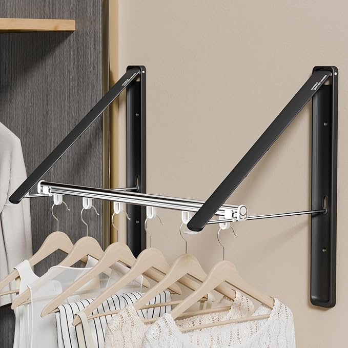 Clothes Drying Rack Retractable, Wall Mounted Clothes Hanger Rack for Laundry Room, Laundry Drying Rack with Clothes Rod Space Saving Closet Organizer Aluminium (Black, 2P)