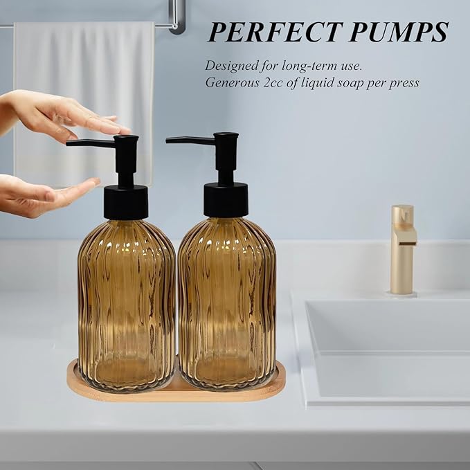Glass Hand and Dish Soap Dispenser Set of 2 with Plastic Pumps, Bamboo Tray, 13.5oz Brown Bathroom Soap Dispenser with Vertical Stripe for Hand Wash & Dish Wash, Ideal for Bathroom Kitchen Countertop