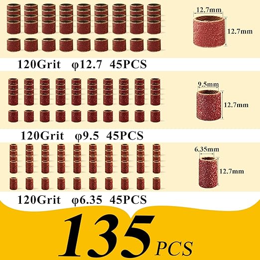 Asieg Tool Sanding Drum Kit 142Pcs 120Grit, 1/2" & 3/8" & 1/4" Diameter Drum Sanding Band with 3.17mm Shank Mandrels for Drill Dremel Rotary Tools Nails Drill
