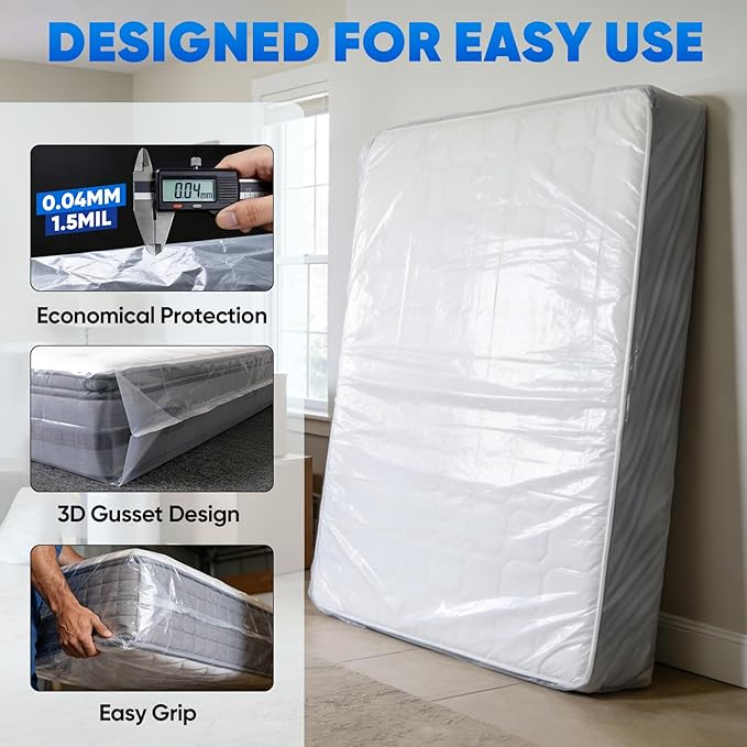 TICONN 2PK Plastic Mattress Bag for Moving Storage, Waterproof Mattress Protector Cover, Heavy-Duty Mattress Moving Supplies (1.5 mil, Twin)
