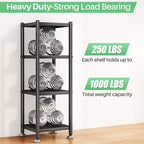 PXRACK Storage Shelves with Rolling Wheels, Adjustable 4 Tier Metal Shelving Unit for Storage Heavy Duty, Small Storage Rack Shelf for Corner of The Kitchen Bathroom Living Room Garage Office, Black