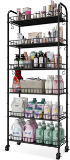 6 Tier Slim Storage Cart with Wheels, Metal Mobile Shelving Unit Organizer Utility Cart for Office Bathroom Kitchen Laundry Room Narrow Places (10inches)