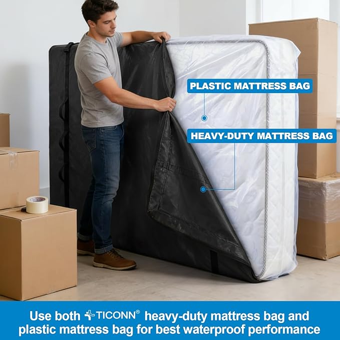 TICONN Mattress Bags for Moving, Heavy Duty Twin Mattress Cover Storage Bag with Full-Around Handle and Adjustable Buckles (Black, Twin)