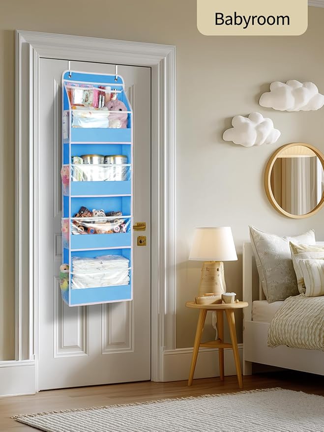 Yecaye 5 Tier Over the Door Organizer, Swing-proof Door Organizer Hanging with Clear PVC Windows, Behind the Door Storage for Bedroom Nursery Closet Laundry Pantry Bathroom, Soft Sky Blue