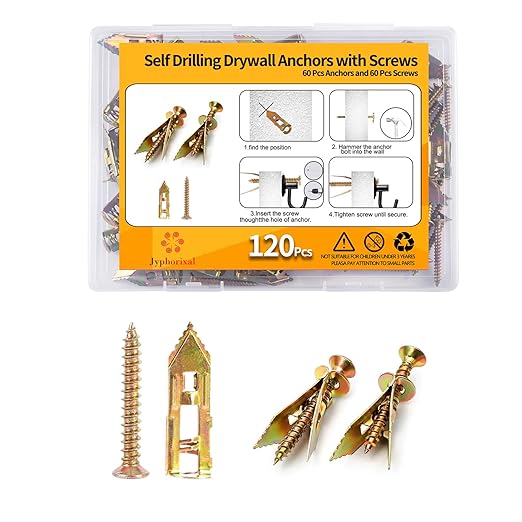 120 PCS Drywall Self Drilling Anchors with Screws Kit,60 Sheetrock Anchors (0.47X1.57inch) and 60 Zinc Plated Screws, Easy Application No Drill or Holes in Wall.