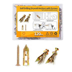 120 PCS Drywall Self Drilling Anchors with Screws Kit,60 Sheetrock Anchors (0.47X1.57inch) and 60 Zinc Plated Screws, Easy Application No Drill or Holes in Wall.
