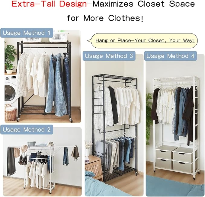 lumizone Folding Clothing Rack with Wheels Expandable Wardrobe Portable Clothes Rack for Hanging Clothes Adjustable Closet Shelves Garment Rack Durable Closet Racks for Hanging Clothes (Pro Black)