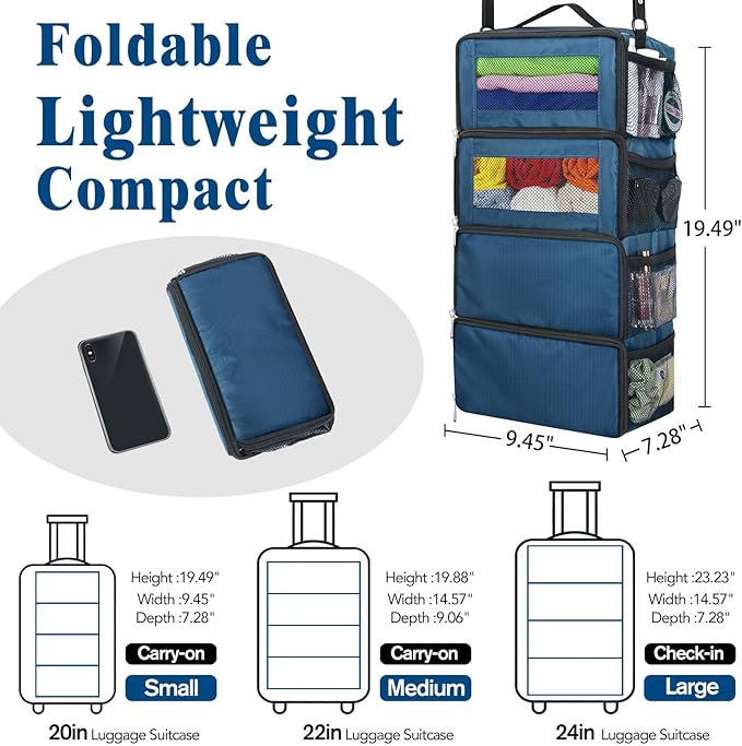 Suitcase Organizer, Carry On Closet Luggage Organizer Accessories - Foldable, Hangable Portable Hanging Travel Shelves With Shoulder Strap, Small, Navy Blue