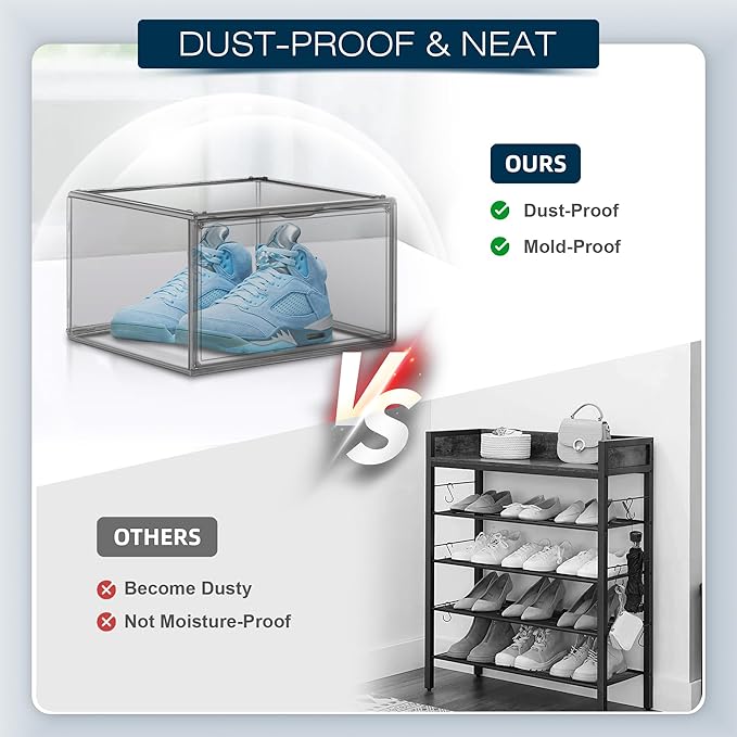 4 Pack Clear Shoes Storage Box Organizer Acrylic Sneaker Shoe Display Case Stackable Storage Organizer with Lid,Black Size 14