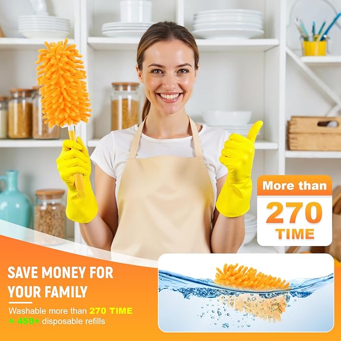 Reusable Duster Refill for Swiffer Duster Refill, 360° Heavy Duty Duster Refills Kit, 5 Pack with 1 Handle Microfiber Ceiling Fan Dusters for Cleaning（Orange, 9PCS）