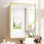 TokeShimi 21x27 Bathroom Medicine Cabinet with Mirror Beveled, White and Gold Recessed Medicine Cabinet Mirrored for Wall, Aluminum Framed Metal Mirror with Storage Adjustable