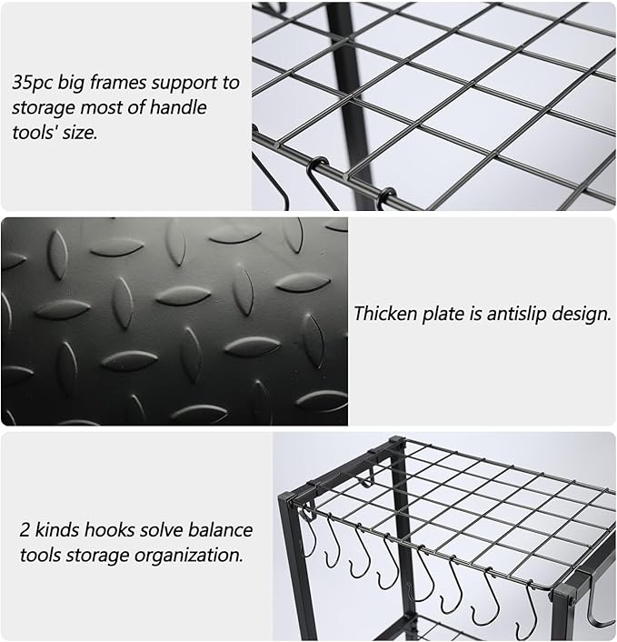 YueTong Garden Tool Organizer Heavy Duty,Yard Tool Tower Rack,Garage Storage Organization for Long Handle Tools,Rake,Brooms,Extra Hooks for Small Shovel,Shear.All Metal,Free Standing.
