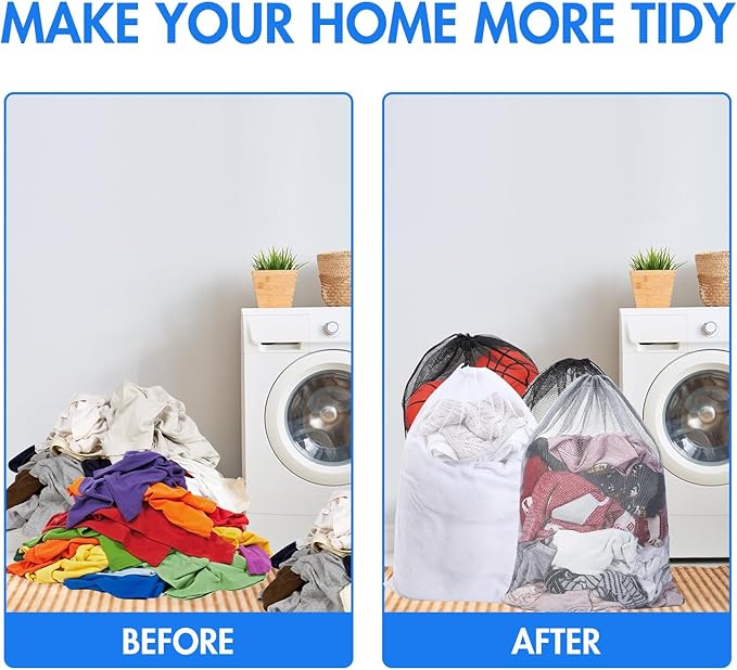 Berlune 30 Pack 24 x 36 Inches Large Mesh Bags for Laundry, Wash bags, Sturdy Mesh Material Closed with Drawstring, Factory, University, Dormitory, Travel and Apartment Dweller (White, Black, Gray)