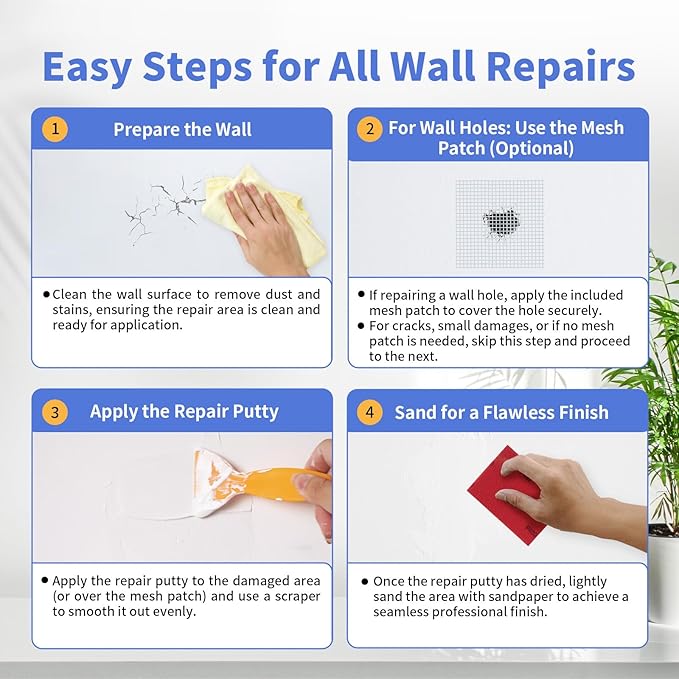 Drywall Repair Kit - 18 OZ Spackle Wall Repair with Self Adhesive Mesh & Scraper for Holes, Cracks - Quick and Easy Wall Surface Fix Solution