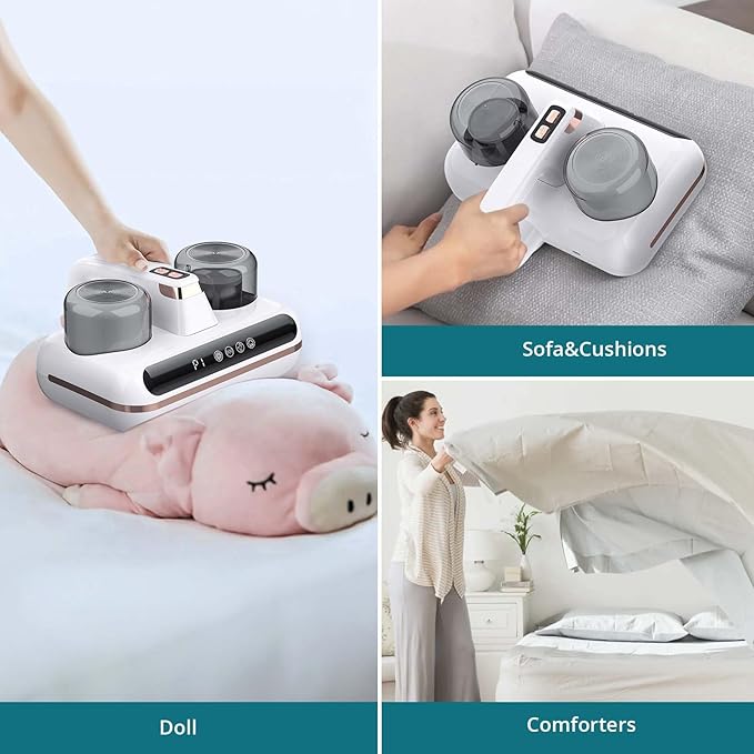 Bed Vacuum Cleaner Mattress Vacuum with UV 10Kpa Suction HEPA Filter 100W, 245nm UV Light & 10000 RPM/Min Recharging Battery Power, Heating, Brush Wheel Rotation, Large Suction, LED Display