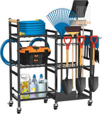NADAMOO Garden Tool Organizer with Rolling Wheel, 3-tier Metal Shelf Yard Tool Holder, Utility Stand Rack for Garage Organization and Storage, Hold Long-Handled Rakes, Shovel, Broom