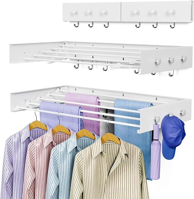 Drying Rack Clothing,Clothes Drying Rack Wall Mounted,Laundry Drying Rack Wall Mount,Foldable,Collapsible,60 lb Capacity 5 Aluminium Poles with 12 Hooks (White, 31.5'')