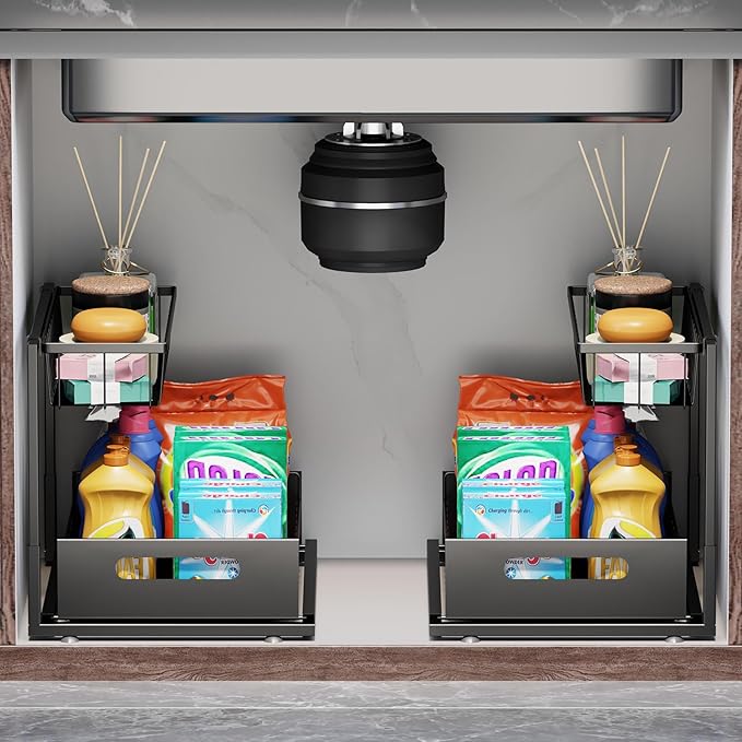 Under Sink Organizers and Storage 2 Tier Slide Out Kitchen Cabinet Organizer Sturdy Metal Bathroom Storage (Black, 2 Pack)