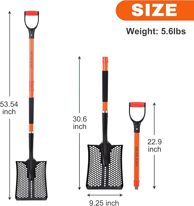 HIGHLIGHT Detachable Sifting Shovel - 45 Inch Sand Sifter with Ergonomic D-Grip Handle for Beach, Garden & Farm Cleaning - Fiberglass Handle & Powder Coated Steel