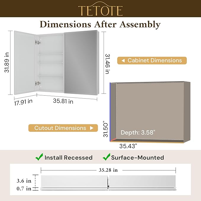 TETOTE 36 x 32 Medicine Cabinet with Tempered Beveled Mirror White Bathroom Mirror Cabinet Aluminum Cabinet DTC Hinges, Stepless Adjustable Shelves, Recessed/Surface-Mounted
