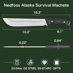 NedFoss 16" Survival Machete with Sheath, D2 Steel 0.22" Thick Full Tang Blade Machete Knife with Flat Grinding, Machete for Cutting Trees, for Yard Work, Clearing Brush with TPE Handle