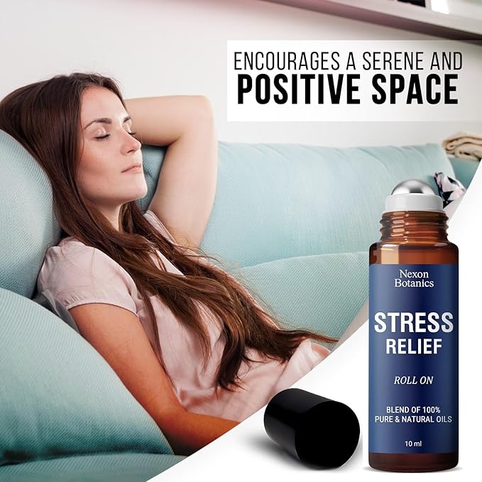 Stress Relief Essential Oil Roll-On Blend 10 ml - Natural Stress Relief with Lavender, Geranium & Frankincense Oils Roller - Pure & Calming Aromatherapy - Nexon Botanics