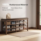 Shoe Bench with Leather Cushion, 3 Tiers Shoe Storage Bench Height Adjustable, Walnut Wood Entryway Bench for Hallway, Mudroom
