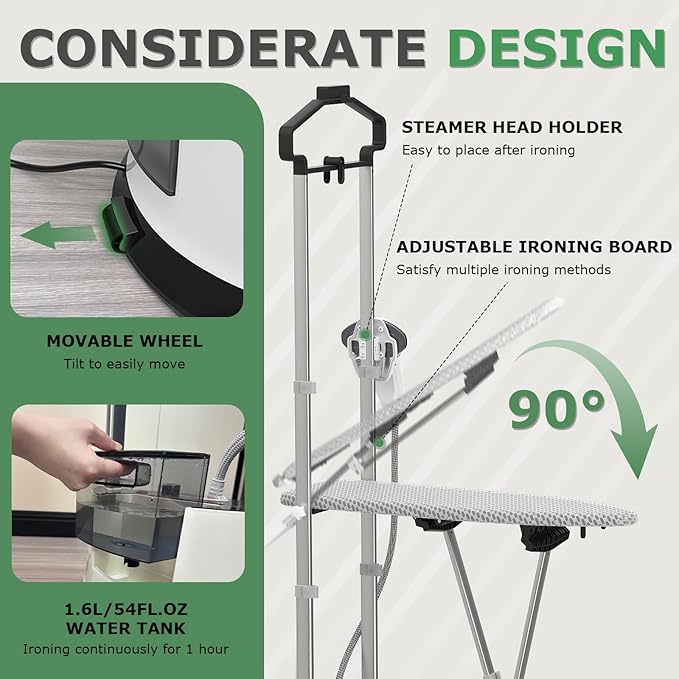Standing Garment Steamer 1500w Professional Steamer for Clothes with Flat & Hanging Iron Options, Dry & 3-Stage Steam Ironing, 30s Fast Heat-up, Ironing Board, 1.6L/54FL.OZ Water Tank