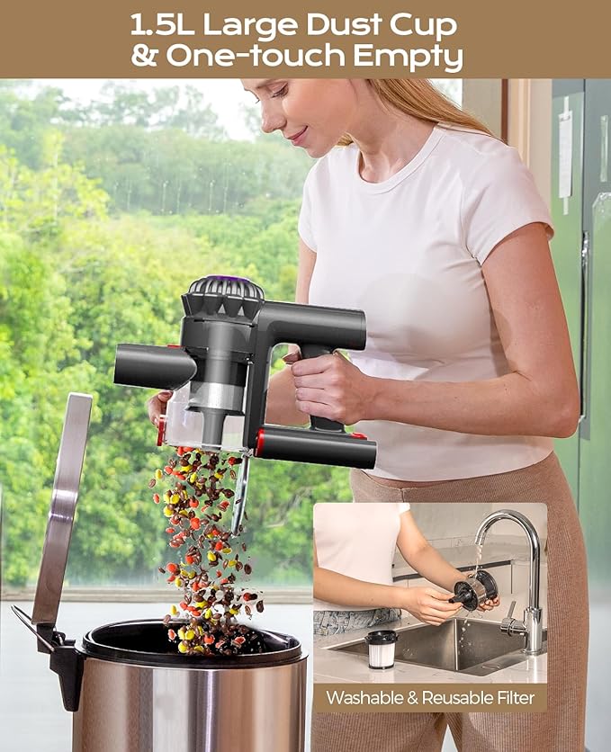 V15 Cordless Vacuum Cleaner, 45Mins Powerful Vacuum Cleaners for Home, Lightweight Stick Vacuum with Advanced Green Light Tech, Rechargeable Battery Vacuum for Carpet,Pet Hair,Hardwood Floor