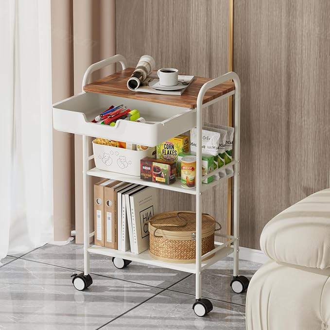 3 Tier Rolling Cart with Drawer, Metal Rolling Storage Cart with Table Top, Modern Utility Cart on Wheels Kitchen Cart Storage Organizer for Bathroom Office Living Room, White
