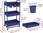 JIUYOTREE 3-Tier Plastic Rolling Storage Cart Utility Cart with Extra Hanging Cups Handles Lockable Wheels for Living Room Bathroom Kitchen Office Blue