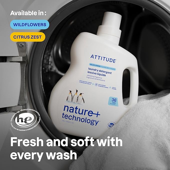 ATTITUDE Liquid Laundry Detergent, EWG Verified, HE Compatible, Plant-Based & Vegan, Natural Laundry Soap, Citrus Zest Scent, 60.8 Fl Oz