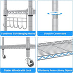 Homdox 5 Tier Adjustable Rolling Storage Shelves, Heavy Duty Wire Racks and Shelving, Metal Shelves for with Side Hooks Pantry Closet Kitchen Garage Organization, Silver Gray