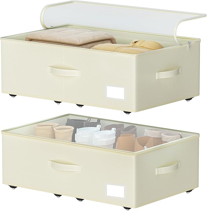 Under Bed Storage with Wheels, No Assemble Required 12 inches height Under Bed Storage bins,Large capacity Rolling Underbed Shoe Storage containers，dorm underbed storage drawers