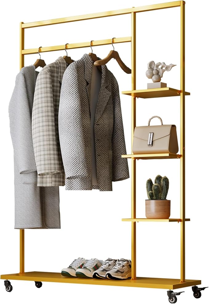 Gold clothing rack with shelves,Heavy Duty clothes rack with wheels,Rolling Garment Rack for hanging clothes with 4 flank Shelves,Portable Wardrobe Closets Organizer for Bedroom/Boutique