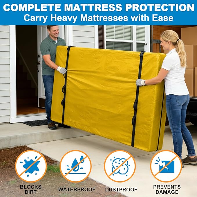 TICONN Mattress Bags for Moving, Heavy Duty King Mattress Cover Storage Bag with Full-Around Handle and Adjustable Buckles (Yellow, King)