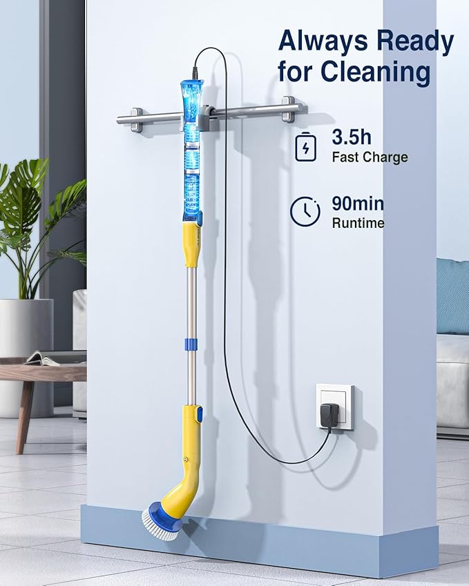 LABIGO Electric Spin Scrubber LA1 Pro, Cordless Spin Scrubber with 7 Replaceable Brush Heads and Adjustable Extension Handle, Power Cleaning Brush for Bathroom Floor Tile Yellow
