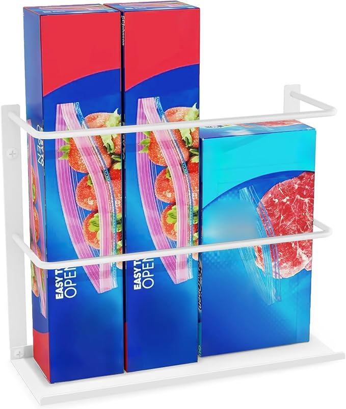 White Kitchen Wrap Organizer Door Mount, Aluminum Foil Holder Cabinet Door Organizer Cabinet Storage Basket for Kitchen Wrap/Food Bag Storage