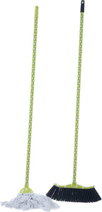 Superio Cotton Mop and Broom Set, Light Green Polka Dot Print Design, Superior Cleaning Tools Broom and String Mop.