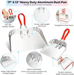 2 Pack Metal Dust Pan 17" and 12", Aluminum Heavy Duty Dust Pans with Non-Slip Rubber Handle, Large and Small Dustpan Set, Lightweight for Sweeping, Garage, Leaf, Household & Outdoor Cleaning