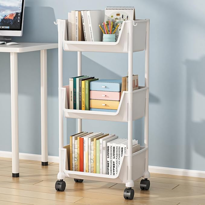 3 Tier Rolling Utility Cart with Wheels, Plastic Multi-Functional Trolley Carts Lockable Casters, Movable Storage Organizer for Kitchen Bathroom Laundry Dorm Living Room, White