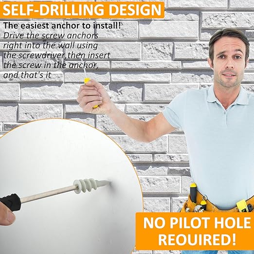 Self Drilling Drywall Anchors - 104Pcs Dry Wall Anchors and Screws Kit for Drywall,52 Self-Tapping/Threaded Plastic Sheetrock Anchors + 52#8 x 1-1/4'' Screws, Heavy Duty 75LB Hanging