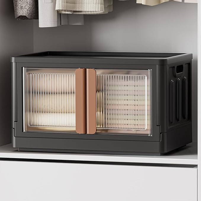 HAIXIN Storage Bin with Lid 19 Gal - Foldable Closet Storage and Organization Plastic Stackable Storage Box with Rollers Black Cube Container for Home Garage Office Craft, 1 Pack