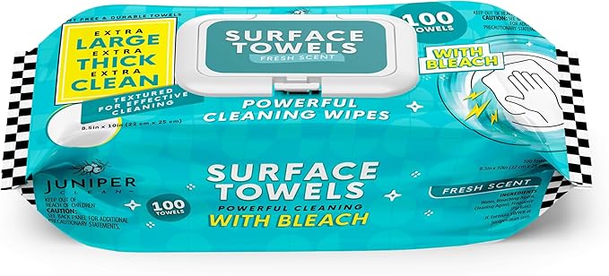 Single Surface Wipes with Bleach, Thick & Large Dispose, All-Purpose Cleaner for Bathroom, Kitchen, Office, 100 Count Soft Flow, Biodegradable, Fresh Scent