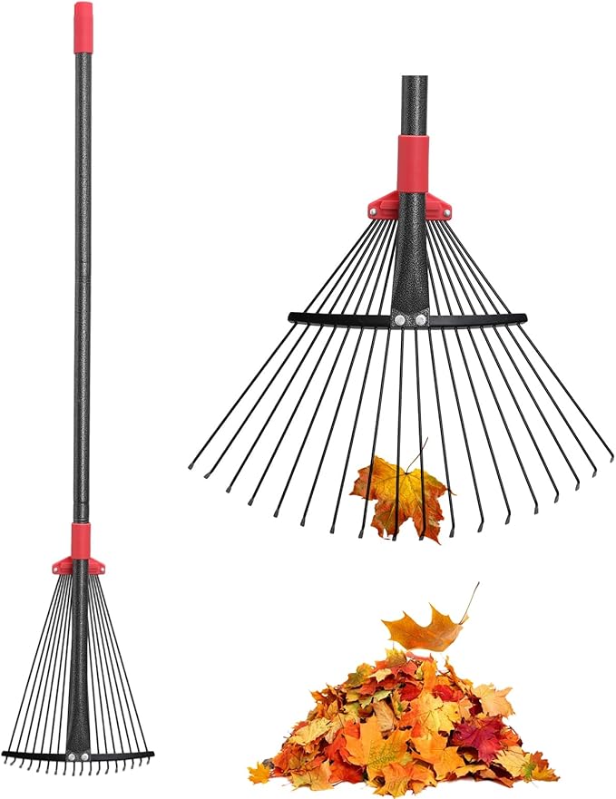 Garden Rake for Leaves: 70 Inch Adjustable Long Handle 18 Metal Tines with 8-17" Expandable Head Heavy Duty Metal Rake for Lawns Leaves Yard Grass Camping Debris