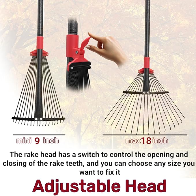 61 Inch Rake for Leaves , Adjustable 18 Tines with Expandable Head 9-18in Grass Rake Heavy Duty Metal Rakes for Women Children Yard Gardener Gardening Grass Debris Lawns