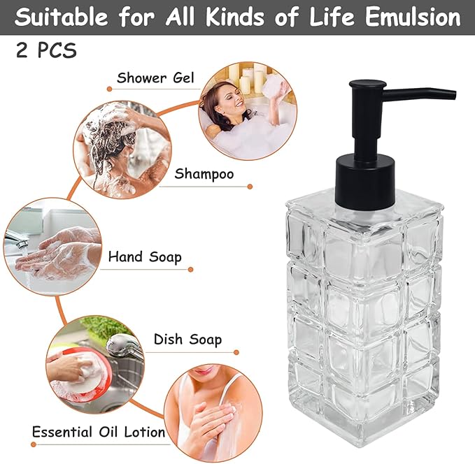 Clear Glass Soap Dispenser with Black Pump, 2 Pack 11oz Square Hand Dispenser, Refillable Lotion & Dish Soap, Bathroom Shower Gel