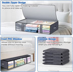 TasticTotes Under Bed Storage Containers, 4 Pack Blanket Storage Bags, Collapsible Storage Bags with Big Zippers, Clear Front, Shoe Storage and Organization for Clothes, Comforter, 60L, Grey